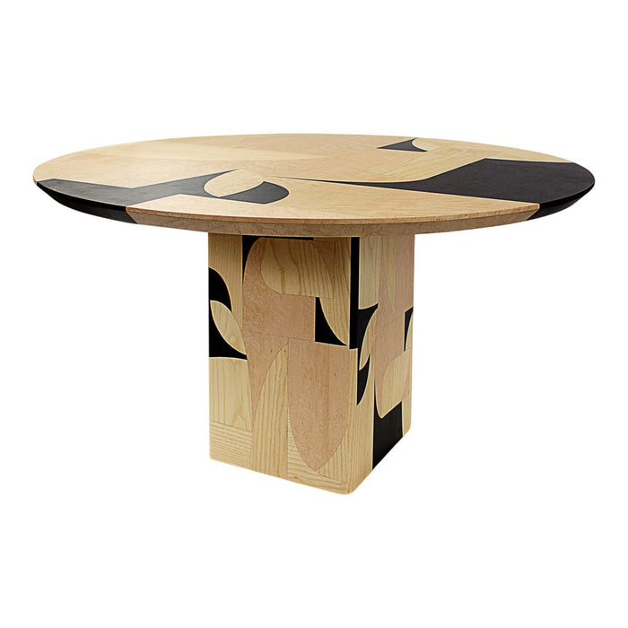Round wooden table featuring natural wood tones with bold black abstract patterns on the top and base.