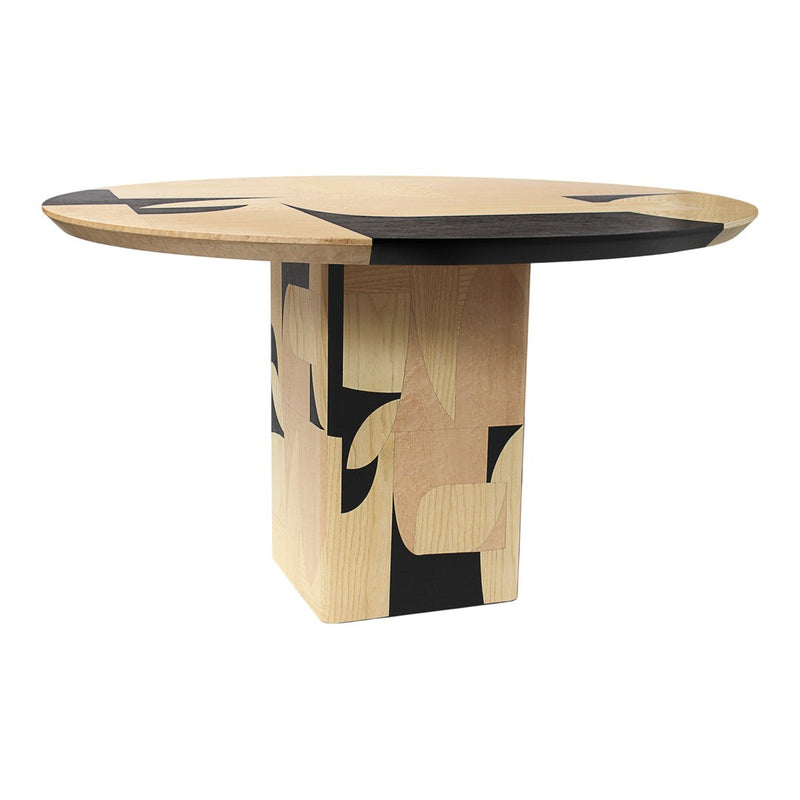Circular wooden table featuring a natural finish with bold black geometric patterns. Modern design element for any space.