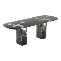 Black and gold patterned table with abstract designs and a sleek, modern finish. Perfect for contemporary interiors.