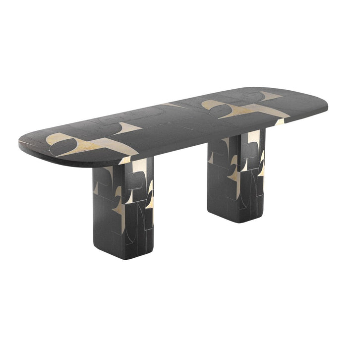 Black and gold patterned table with abstract designs and a sleek, modern finish. Perfect for contemporary interiors.