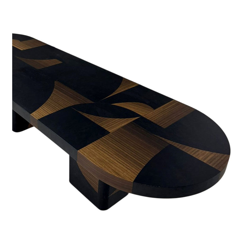 Black and brown patterned tabletop with geometric shapes and a sleek finish. Ideal for modern decor.