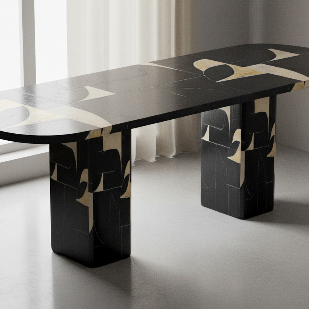 Black table with abstract gold and beige geometric patterns on the surface and base. Modern design for stylish interiors.