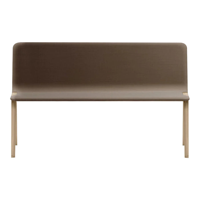 Neutral brown upholstered bench with a smooth, minimalist design and light wooden legs for a modern touch.