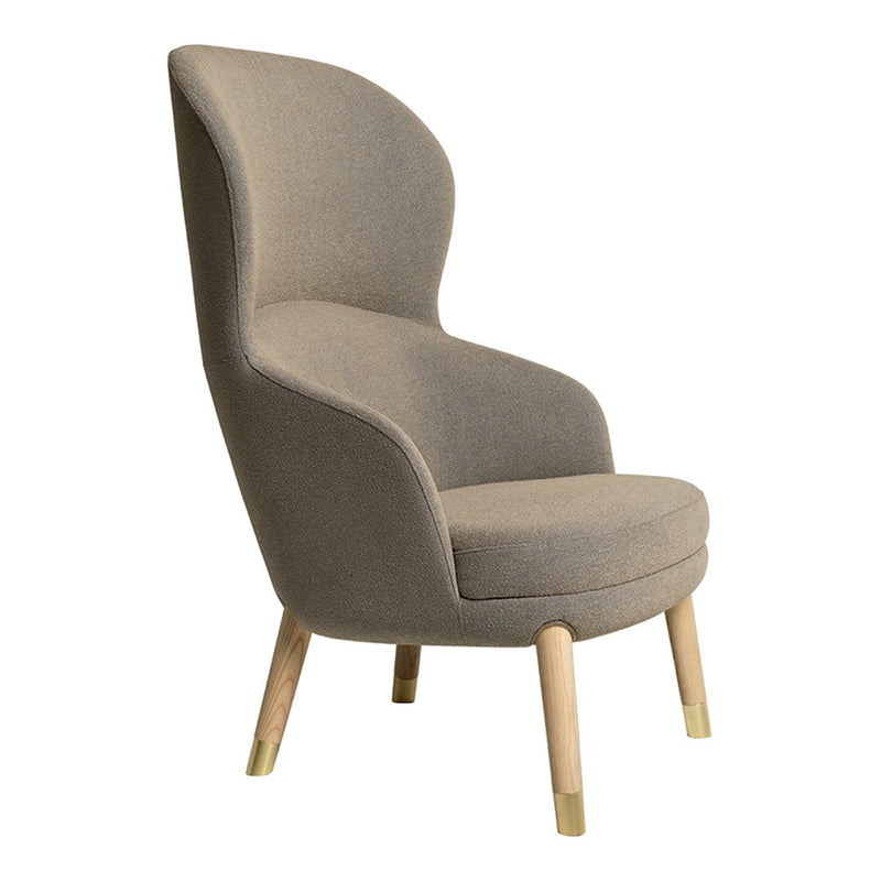 Light gray upholstered high-back chair with natural wood legs, featuring a minimalist design and soft, smooth texture.