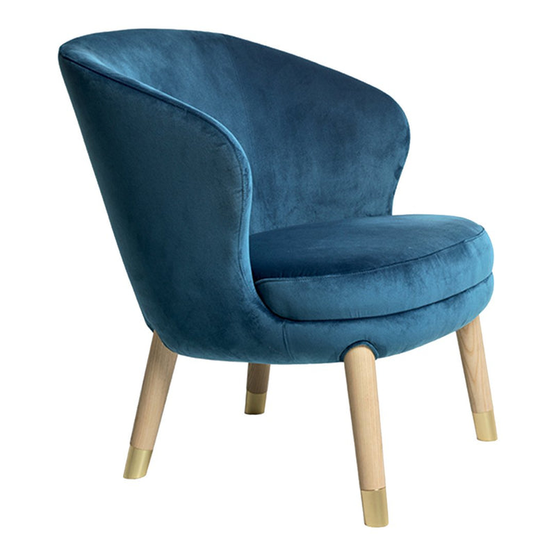 Velvety teal accent chair with smooth curves and light wooden legs, perfect for modern decor.
