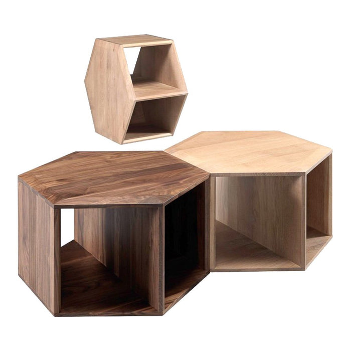 Hexagonal wooden storage tables in natural wood tones; light and dark finishes, featuring smooth surfaces and geometric design.