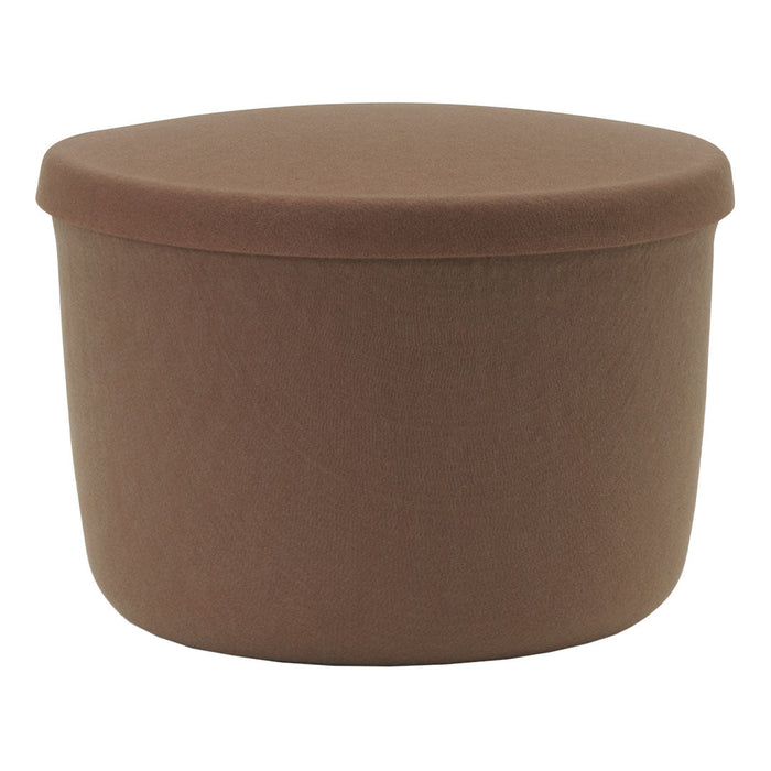 Brown upholstered storage ottoman with a smooth, round shape, perfect for modern decor.