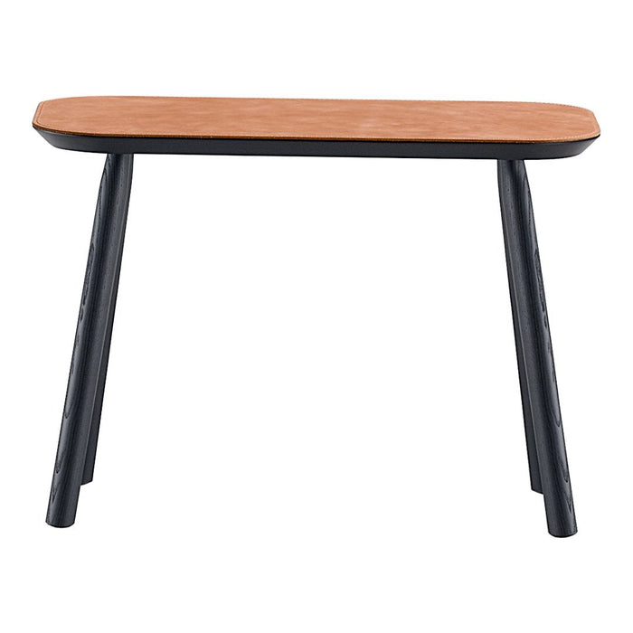Solid wood top with a warm honey hue and sleek black legs for a modern, stylish contrast.