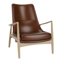 Brown leather armchair with sleek lines, featuring a light wood frame, perfect for modern decor.