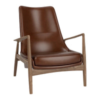 Brown leather armchair with a sleek design, featuring a smooth finish and light wood frame.
