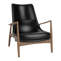 Mid-century modern chair with a sleek black leather seat and warm wood frame. Simple, elegant design.