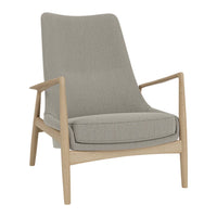 Light gray upholstered chair with a smooth, minimalist design and natural wood legs. Modern and stylish accent furniture.