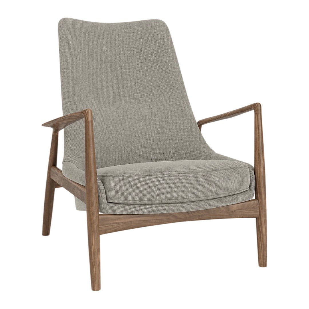 Gray upholstered chair with a sleek wooden frame, featuring a minimalist design and soft texture. Perfect for modern decor.