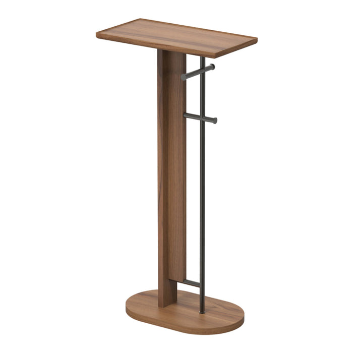 Wooden side table with a rich walnut finish and sleek black metal accents, featuring a minimalist design.