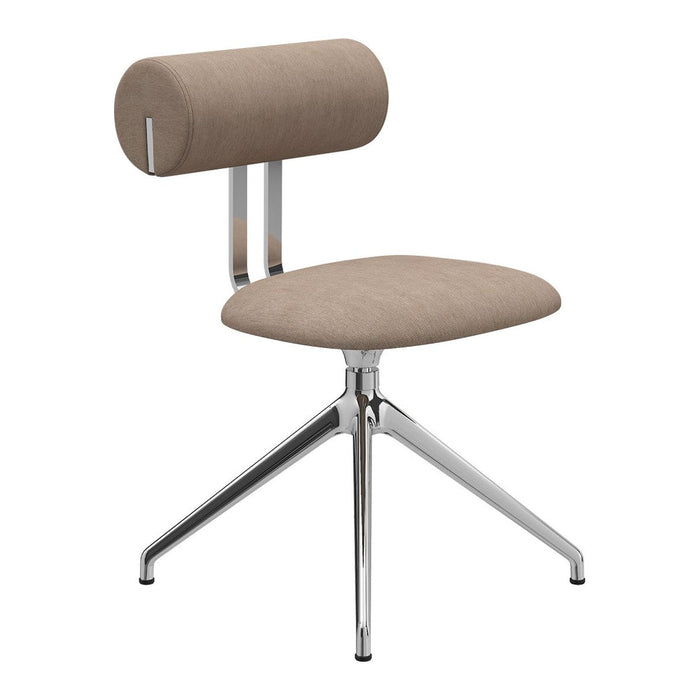 Brown upholstered chair with a cylindrical backrest and chrome legs, featuring a sleek minimalist design.