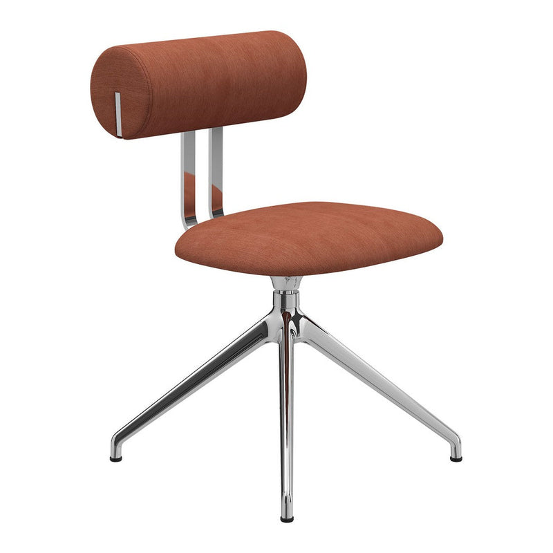 Rust-colored chair with a rounded backrest and sleek chrome legs, featuring a minimalist design.