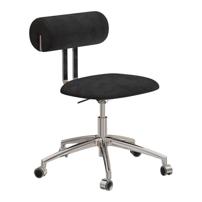 Black suede office chair with a chrome base and simple, modern design. Ideal for minimalist spaces.