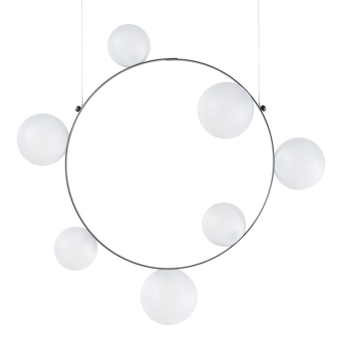 Modern round pendant light featuring a sleek metal frame and eight frosted white glass orbs. Elegant minimalist design.