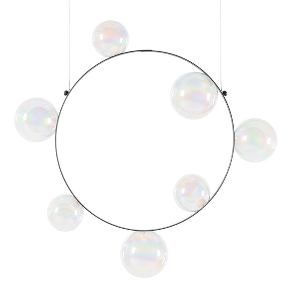 Iridescent bubbles suspended in a minimalist black circle, creating a playful and modern design.