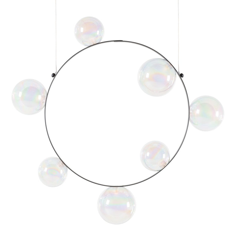 Iridescent bubbles suspended in a minimalist black circle, creating a playful and modern design.
