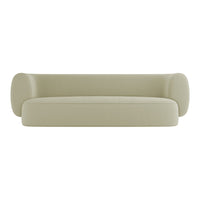 Light green minimalist sofa with rounded edges and smooth fabric finish, perfect for modern decor.