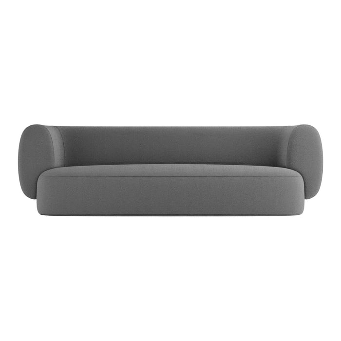 Stylish gray sofa with smooth, modern lines and rounded armrests, perfect for contemporary living spaces.