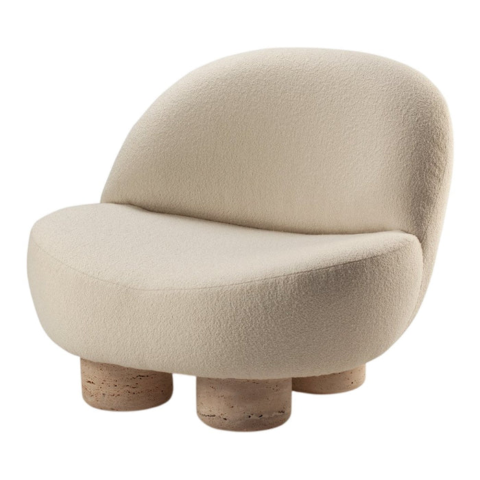 Cream-colored curved chair with soft texture and natural wood legs, featuring a minimalist design.