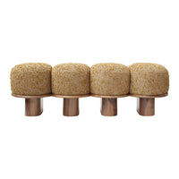 Set of four beige round textile poufs with a soft, textured surface on metallic bases.