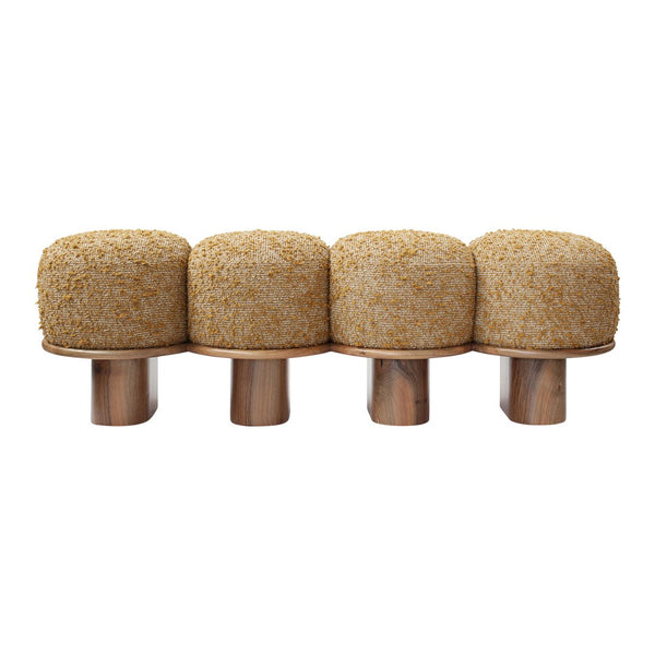 Set of four beige round textile poufs with a soft, textured surface on metallic bases.