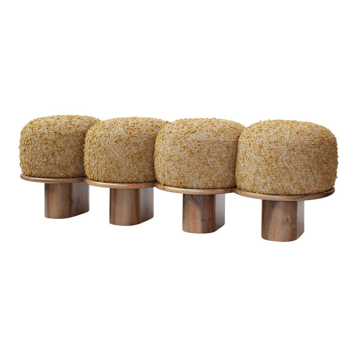"Set of four textured, round storage containers in natural beige color with a subtle earthy pattern."