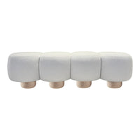 Soft white ottoman with textured fabric and natural wooden legs, featuring a modern, minimalist design.
