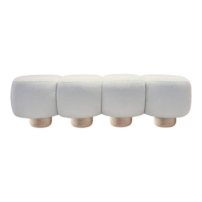 Soft white ottoman with textured fabric and natural wooden legs, featuring a modern, minimalist design.