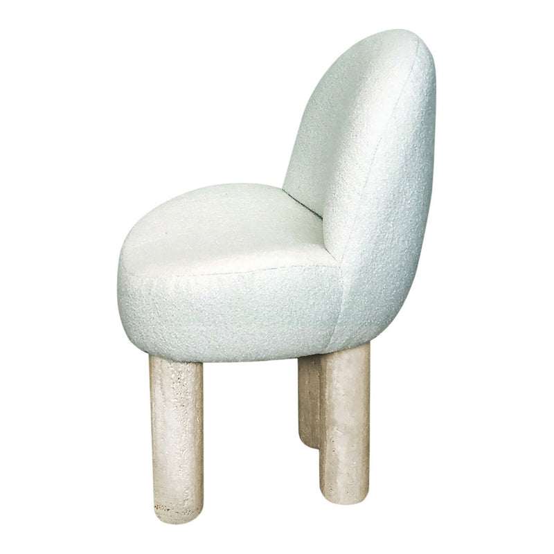 Curved chair in pale mint fabric with textured pattern, featuring light-colored rounded legs. Perfect for modern decor.