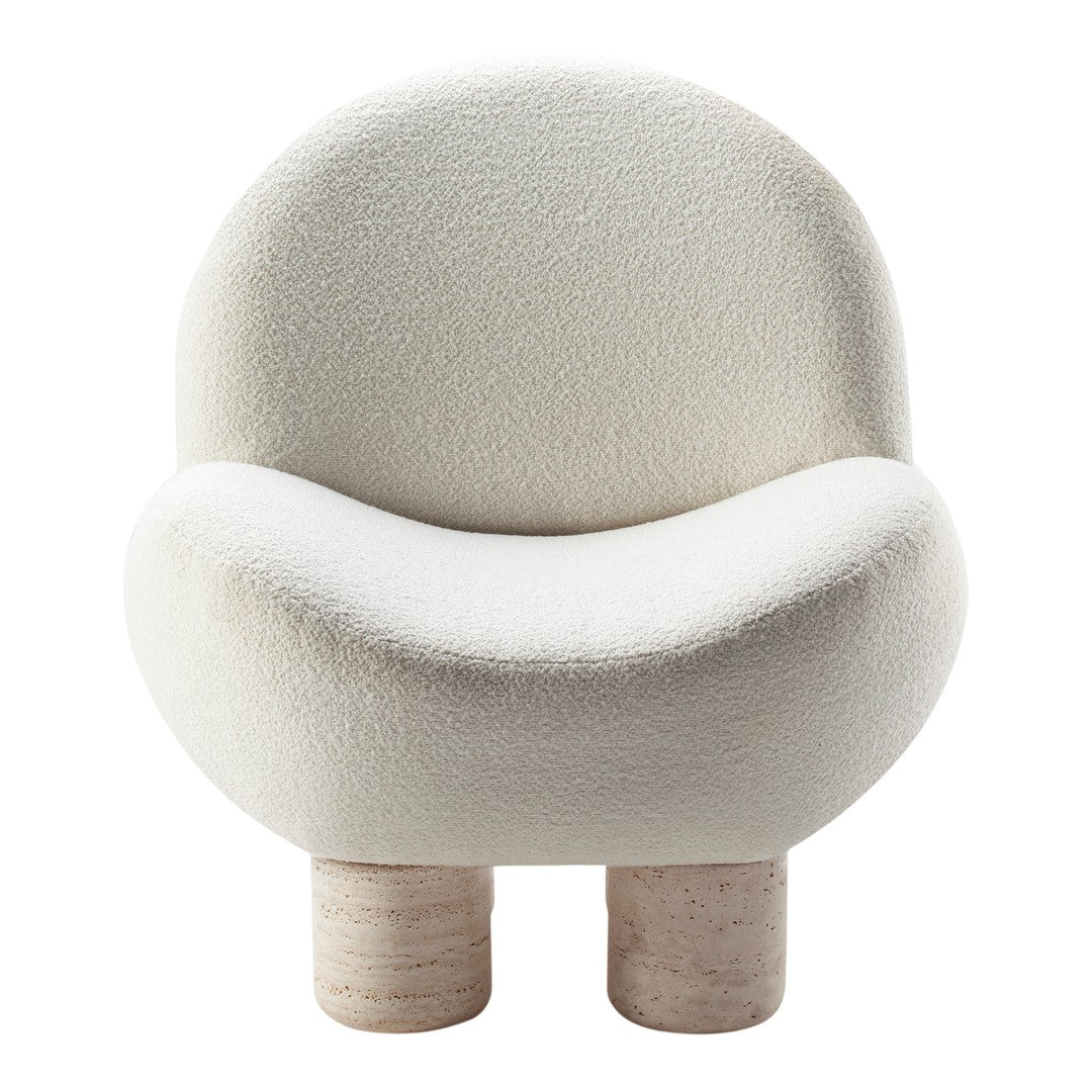 White textured armchair with a rounded shape and light wood legs, showcasing a modern and minimalist design.