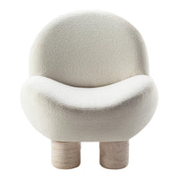 White textured armchair with a rounded shape and light wood legs, showcasing a modern and minimalist design.