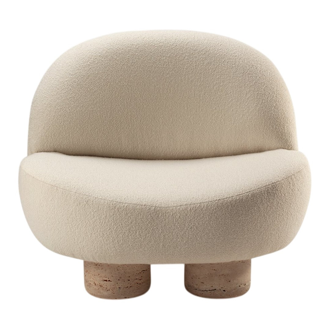 Soft beige boucle fabric chair with a rounded shape and cork legs, perfect for modern decor.