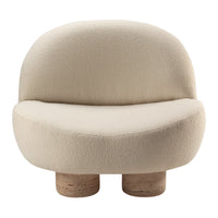 Beige, rounded sofa with a soft textured fabric and cork legs, offering a modern, minimalist design.