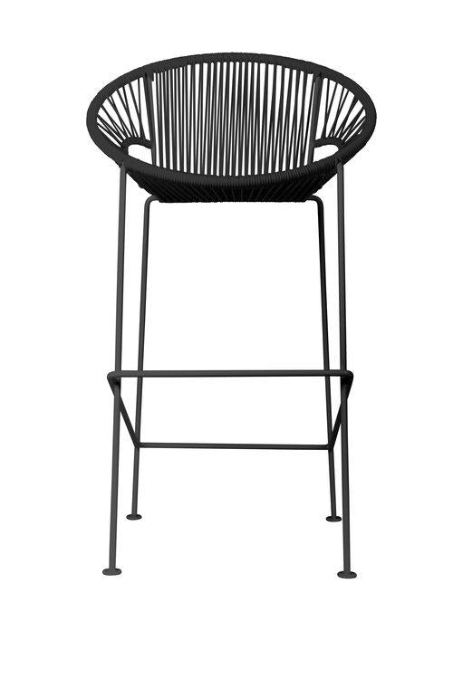 Black iron bar stool with a streamlined, corded pattern for a modern look. Ideal for contemporary spaces.