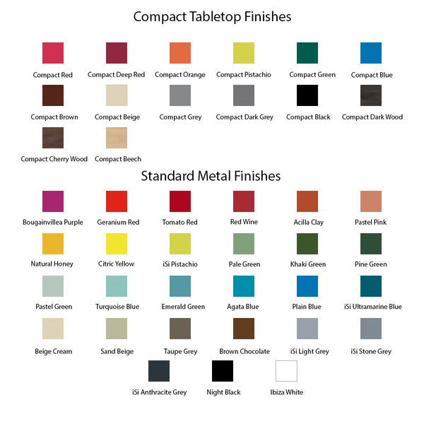 Color swatches of compact tabletop and standard metal finishes in various vibrant shades and patterns.