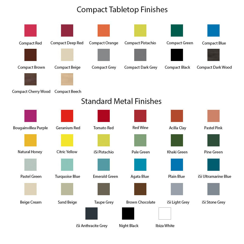 Color swatches of compact tabletop and standard metal finishes in various vibrant shades and patterns.