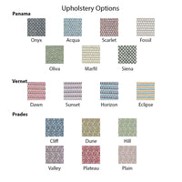 Upholstery fabric swatches in various colors and patterns: Onyx, Acqua, Scarlet, Fossil, and more.
