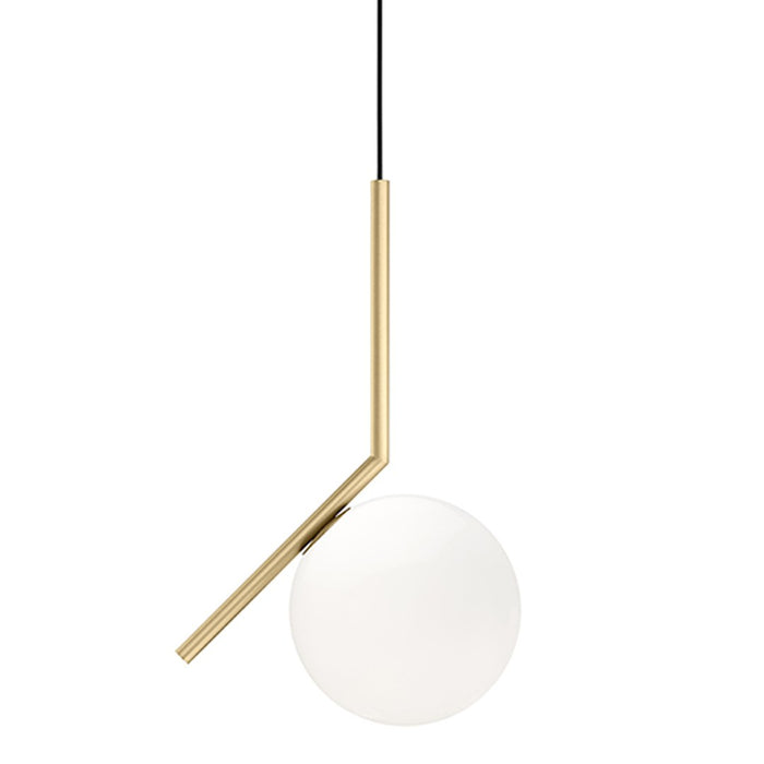 Sleek gold pendant light with a minimalist design, featuring a frosted white glass orb and black cord.