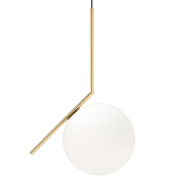 Modern gold pendant light with a smooth white glass sphere, ideal for minimalist decor.