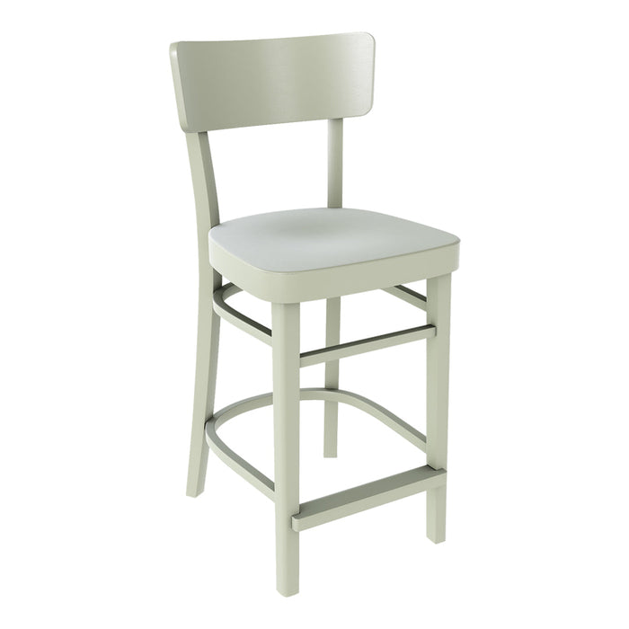 Light gray bar stool with a simple design and white seat cushion. Ideal for modern or minimalist decor.
