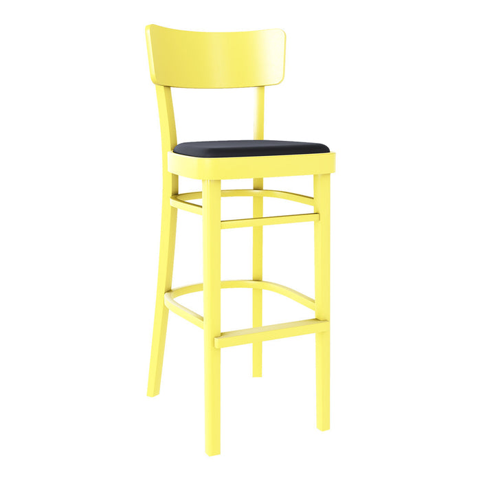 Bright yellow bar stool with a sleek black seat, combining modern design and vibrant colors. Perfect for lively spaces.