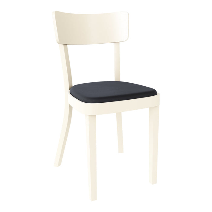 Cream chair with a dark navy blue cushion, featuring a smooth, minimalist design. Ideal for modern decor.