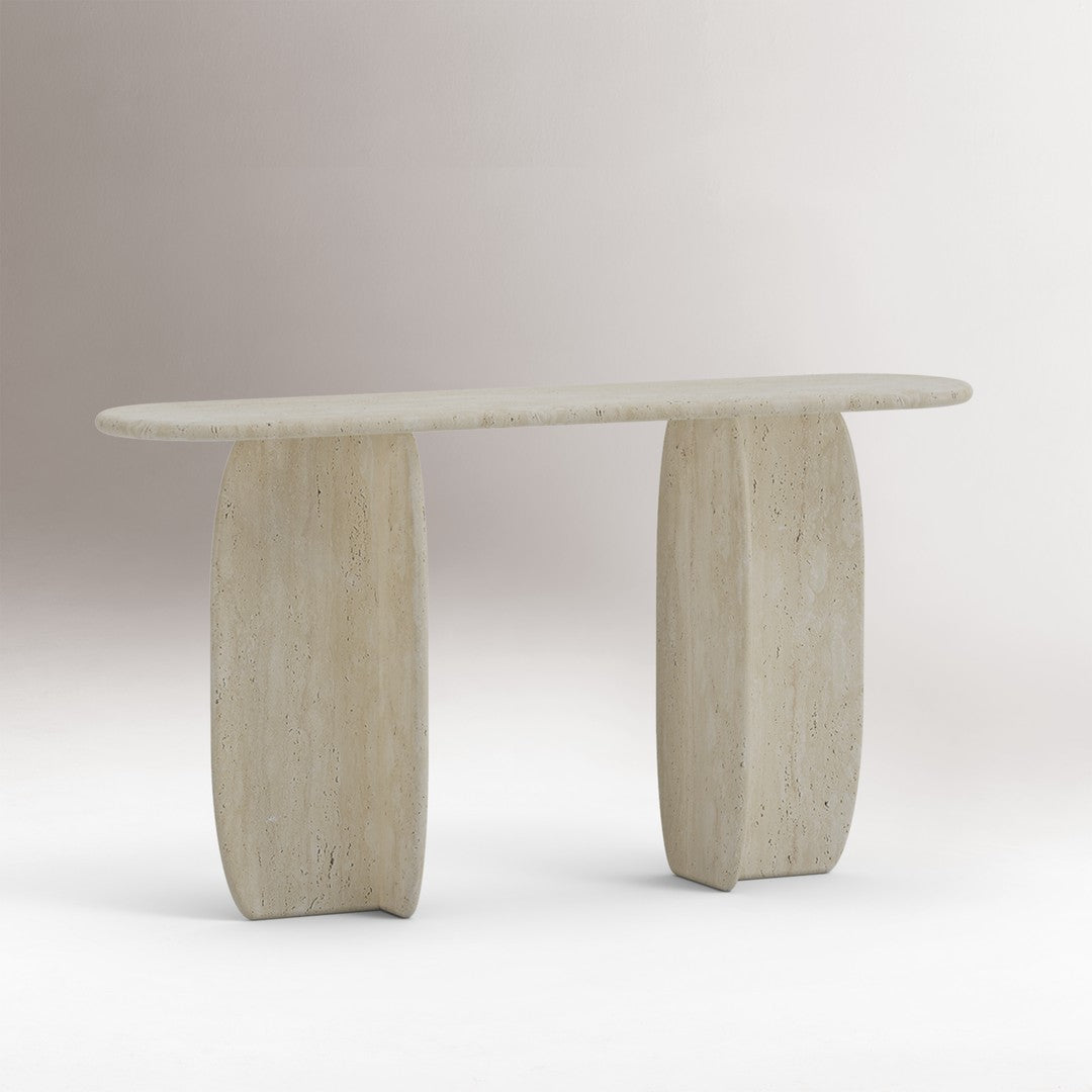 Neutral beige console table with smooth, rounded edges and a minimalist design, perfect for modern decor.