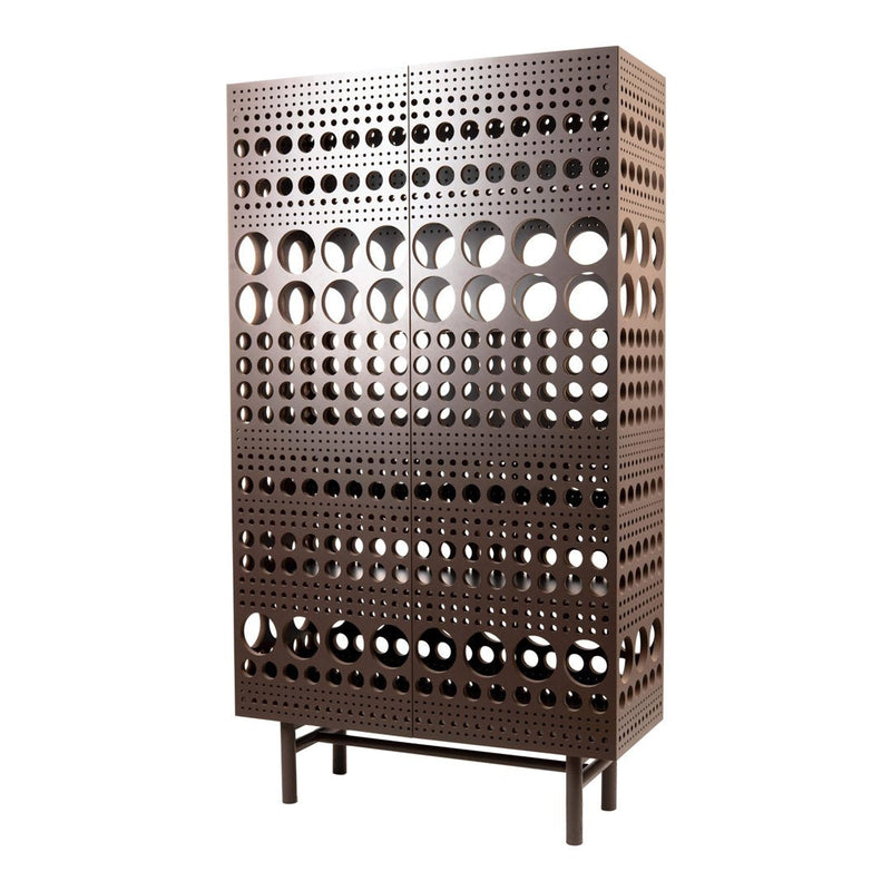Brown cabinet with a modern perforated pattern featuring varying circle cutouts in a sleek design.
