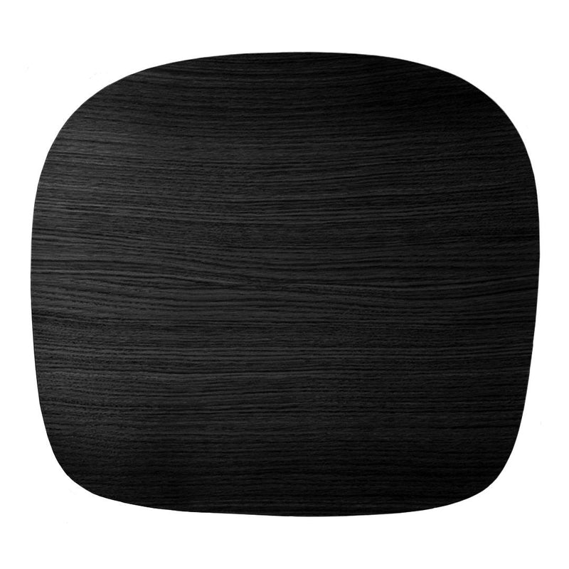 Black square plate with a smooth, subtle wood grain pattern and rounded edges, perfect for modern dining.