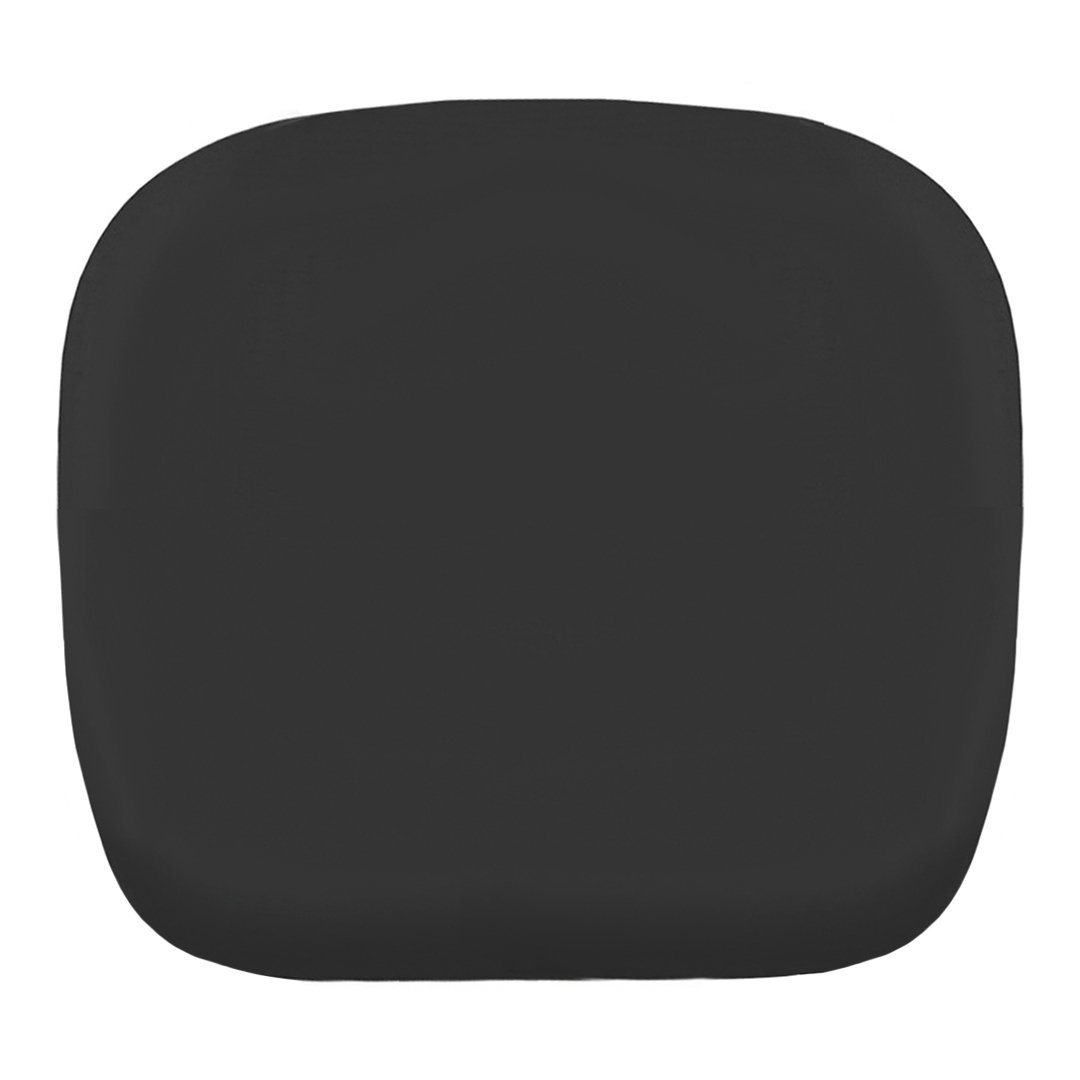 Black square cushion with a smooth, matte finish and rounded edges, ideal for modern decor.